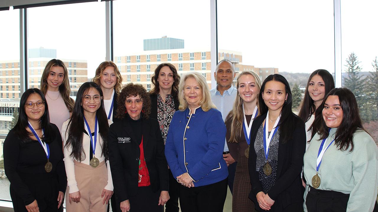 Vereena Salib, Kristin Henein, Olivia Racette, Morgan Markel, Dr. Gerard Madlambayan, Provost Britt Rios-Ellis, Dr. Sarah Hosch, President Ora Hirsch Pescovitz, Danielle Dorsen, Huong Tran, Daniela Me